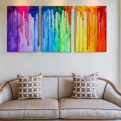 3 Pieces Exculisive Rainbow Paint Drips Large Wall Art Vibrant Panorama, Modern Canvas Decor for Living Room, Bedroom, Office and Home, Ready to Hang