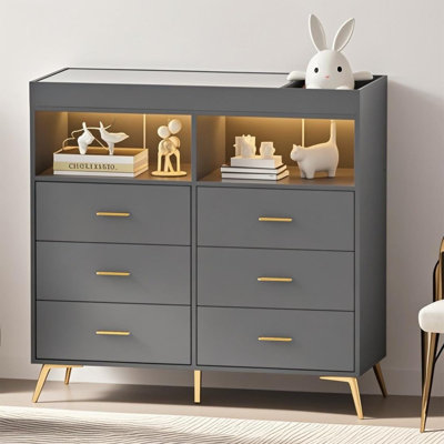 Blue Baby Changing Table Dresser with 6 Drawers – LED Light, Power Outlet, Nursery Storage Organizer & Diaper Changing Station for Infants & Newborns