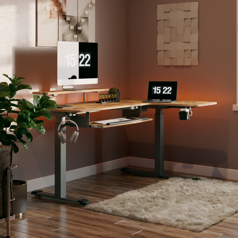 Adjustable L-Shaped Metal Base Standing Desk, Right Hand Return, Rustic Brown/Black