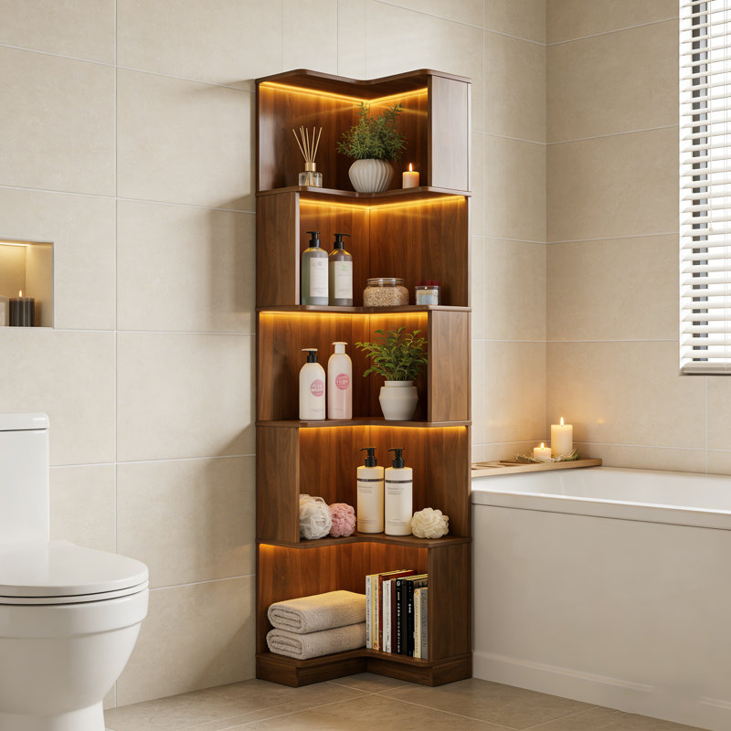 Étagère de rangement de salle de bain à 5 niveaux avec 16 lumières DEL de couleur et 4 modes dynamiques, support pour tablette en L