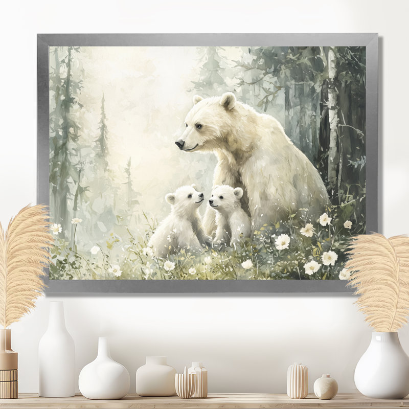 Mère ours avec des oursons en hiver II - art mural ours, H 12 po x l 20 po, Avec cadre, Argent argent