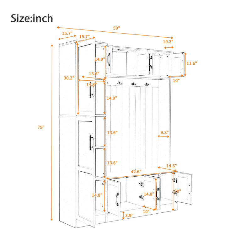 This Minimalist Modern Style Entryway Storage Cabinet Features A Multi-Functional Entryway Bench Combination, Complete With Storage Cabinets, Coat Hooks, And Adjustable Shelves, Offering Comprehensive Storage Functionality.
