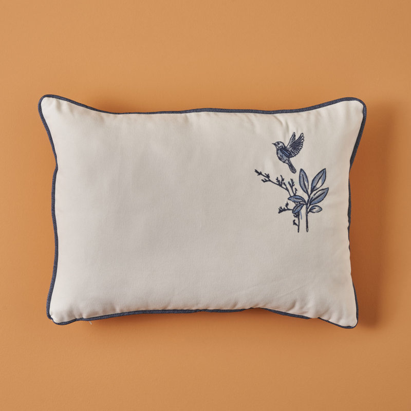 Housse de coussin brodée Bleu Blanc, Motif floral bleu, Polyester