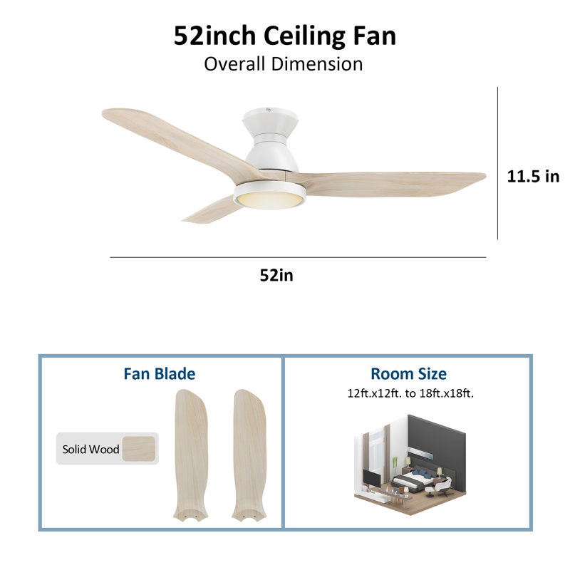 52" Solid Wood 3 - Blade Flush Mount  Smart Ceiling Fan with Light, White, White