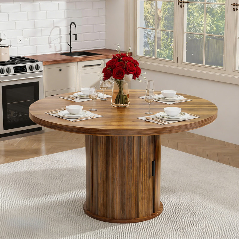 47 Inch Round Dining Table for 4-6, Kitchen Table with 2-Layer Storage Shelf and a Drawer, Farmhouse Circle Dinner Table for Dining Room, Kitchen, Living Room (Table Only)