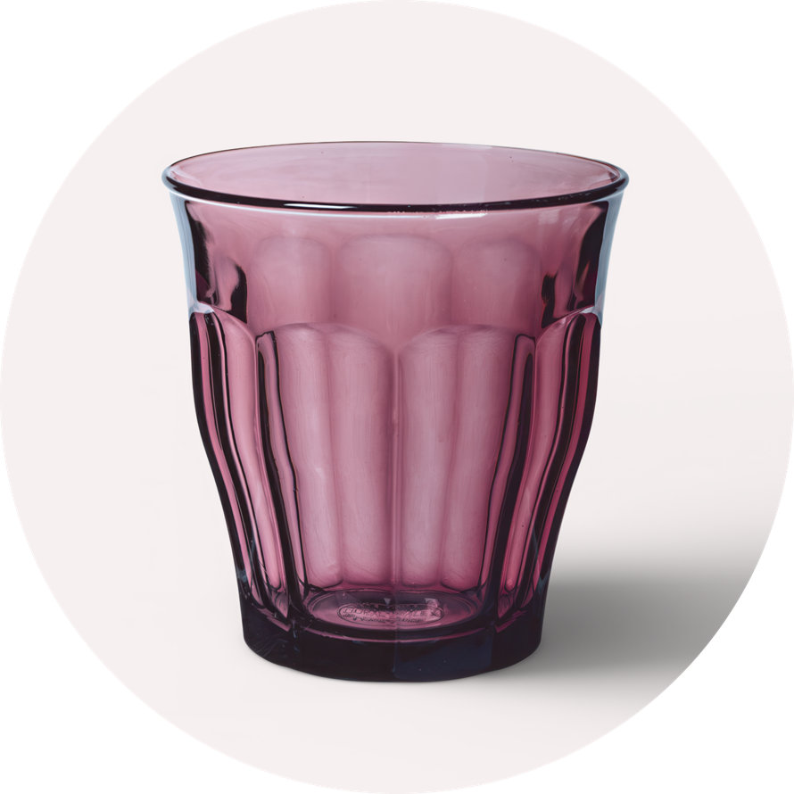 Purple glass tumbler.