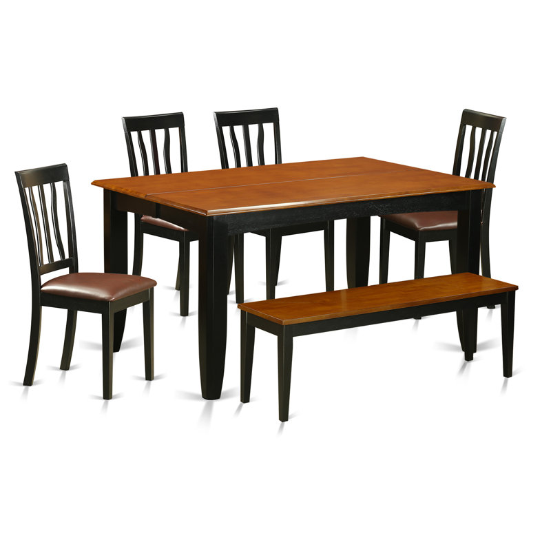 L'ensemble de table de salle à manger 6 pièces contient une table de cuisine carrée avec feuille papillon et 4 chaises de salle à manger en similicuir avec banc, noir et cerise