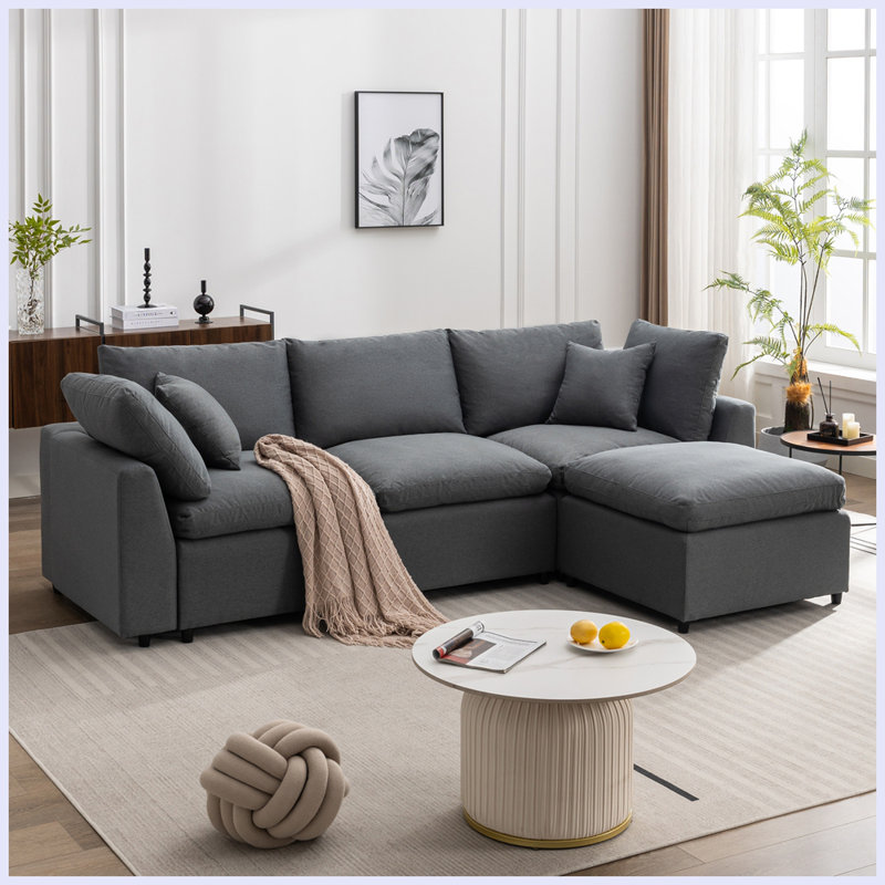 Modern L Shaped Upholstery Convertible Couch with Reversible Chaise, Dark Gray Polyester