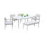 Ensemble de salle à manger moderne de 6 pièces en aluminium pour patio, comprenant 4 chaises et 1 banc. Table rectangulaire bicolore avec plateau en tissu Sunbrella et trou pour parasol, blanc mat et gris.