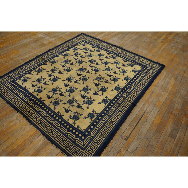 Antique Ningxia Chinese Geometric Beige 1850s Rug