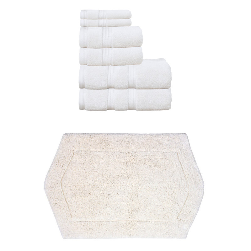 Bryd Collection 100% Soft Cotton Towel Set & 1 Pc Bath Rug, Ivory, 6 Piece Towel Set & 1 Piece 24"x40" Bath Rug
