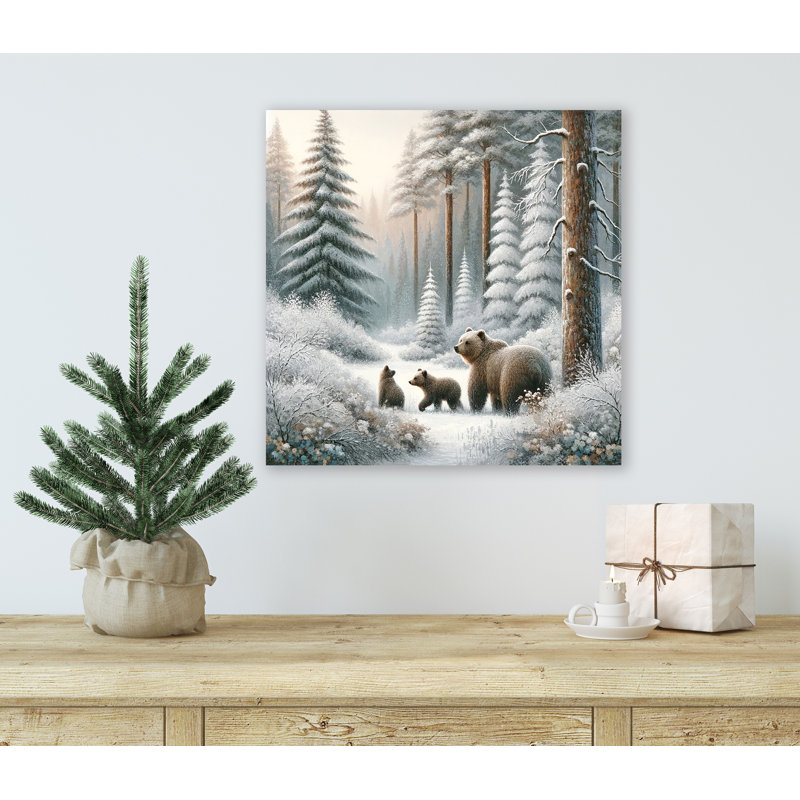 «Enchanted Wilderness: Bear Family In Snowy Pine Forest», reproduction sur toile, H 12 po x l 12 po x P 1 po