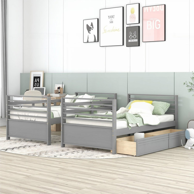 Lit superposé simple en bois avec deux tiroirs - gris (peu encombrant, robuste et durable), gris