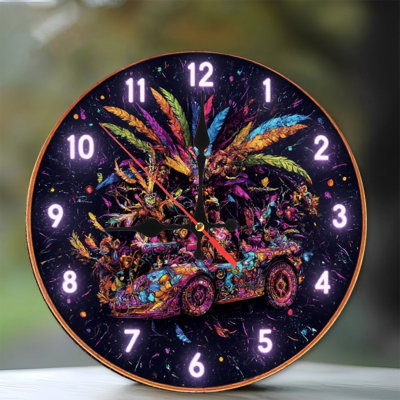 Horloge avec voiture à plumes psychédélique