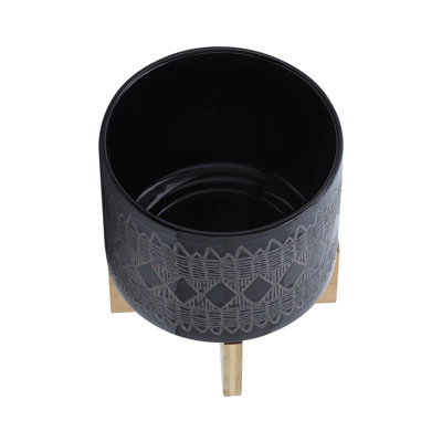 Ceramic 8" Aztec Planter On Wooden Stand