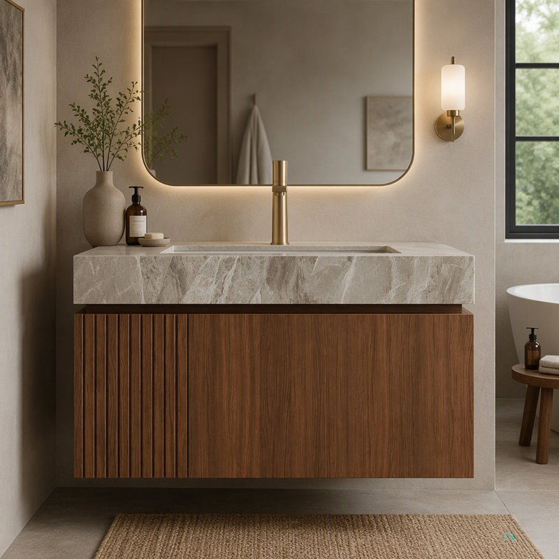 Meuble en contreplaqué de 76 cm (30 po) avec une porte et un tiroir, sans lavabo ni comptoir, sans robinet ni couvercle d'évier.