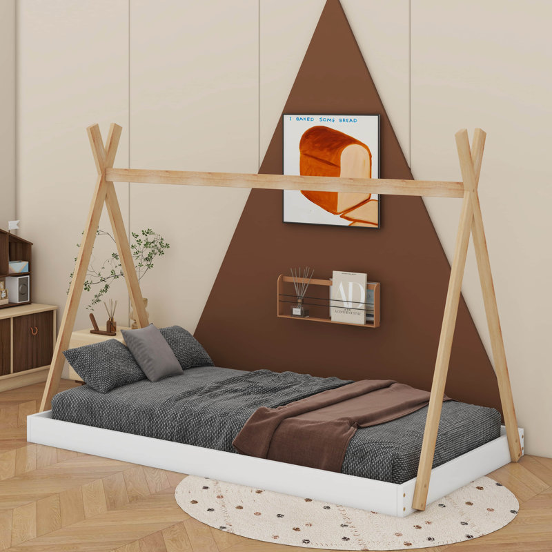 Lit simple avec structure triangulaire, Blanc/naturel