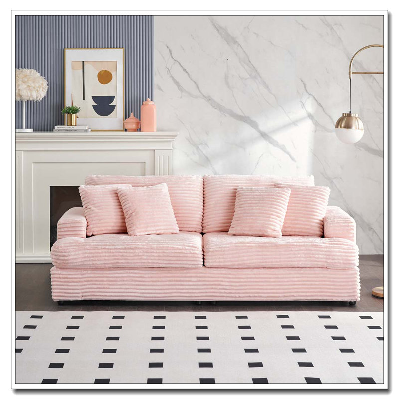 Canapé 88,58 po en velours côtelé 3 places avec 4 coussins décoratifs, Rose