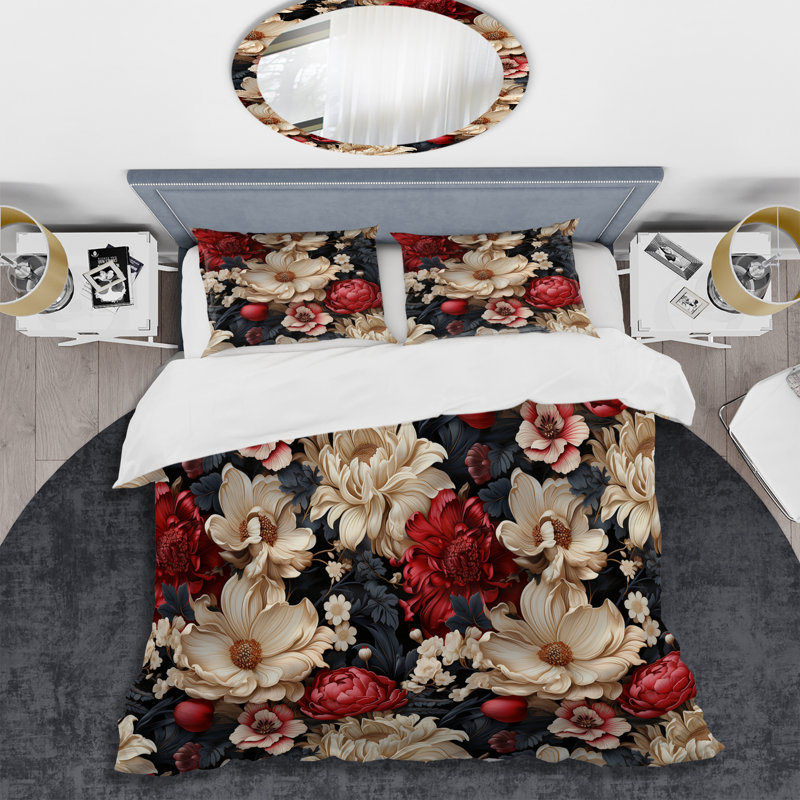Ensemble de housse de couette à motif floral victorien beige et rouge, Housse de couette pour très grand lit et 2 très