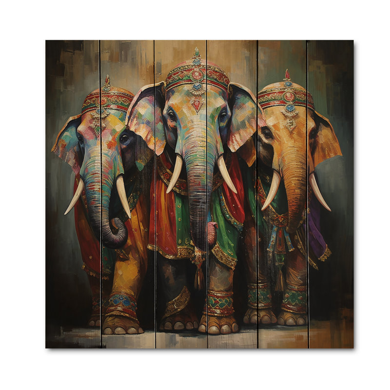 «Kaydin Asian Art», éléphants thaïlandais sur bois, impression sur bois, H 30 po x l 30 po x P 0,78 po