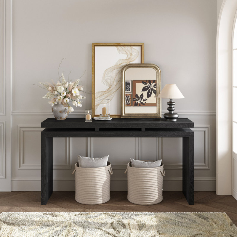 Console de style campagnard noir de 60 po, table d'entrée en bois rétro avec suspension à double panneau, bois massif et panneau de fibres à densité moyenne, table de canapé pour le salon