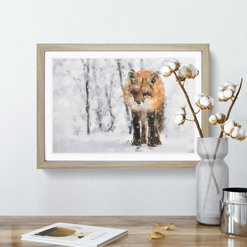 Red Fox in a Winter Forest in Abstract - Picture Frame Painting Print on MDF, 36cm H x 48cm W x 2cm D, Oak Framed