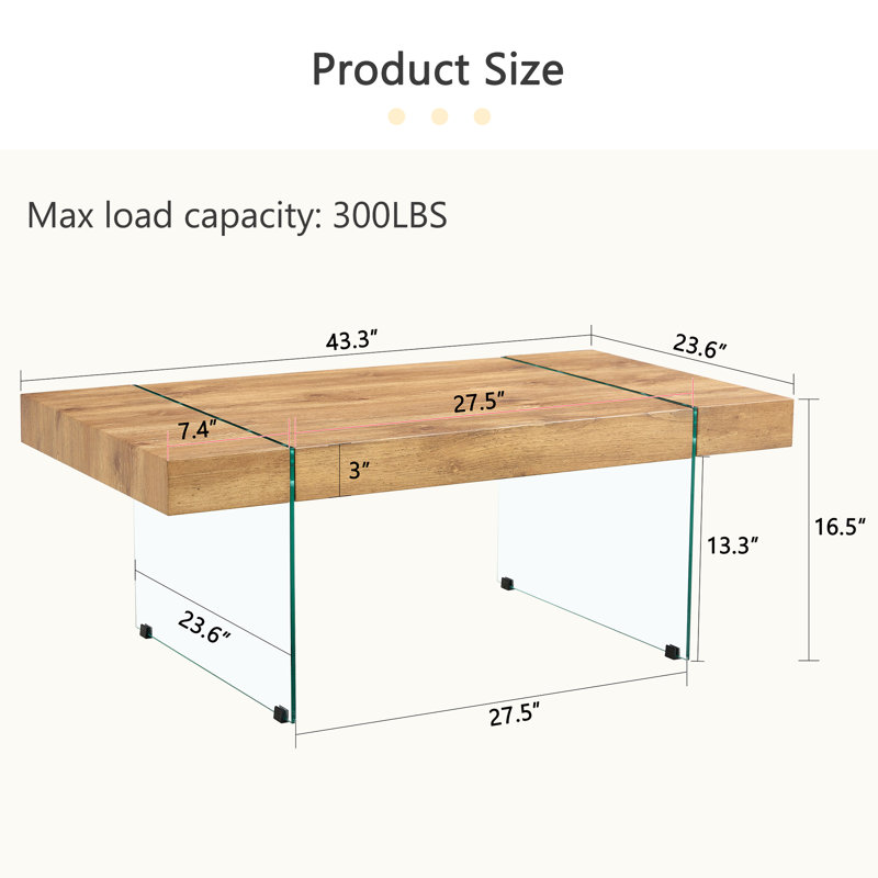 43.3"x23.6" Wood texture sticker MDF Coffee Table with Tempered glass legs.Suitable for Living Room.It can be used not only as a coffee table but also as a side table or display stand.