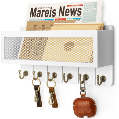 Vision Decorative Key And Mail Holder For Wall: Farmhouse Wall Mount Sorter With Storage Basket And 6 Retro Key Hooks - Wooden Mail Holder For Office, Appartment, Home Decor