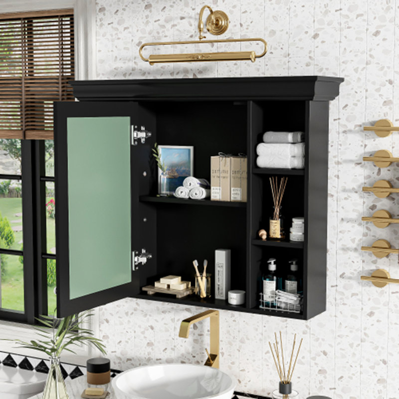 Armoire de rangement murale moderne 35 po x 28 po avec porte miroir et 6 tablettes ouvertes, Noir, noir, noir, noir