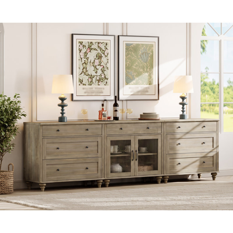Buffet de style champêtre avec 7 tiroirs et 2 portes vitrées, 257 cm (101 pouces), gris délavé, Wash Grey