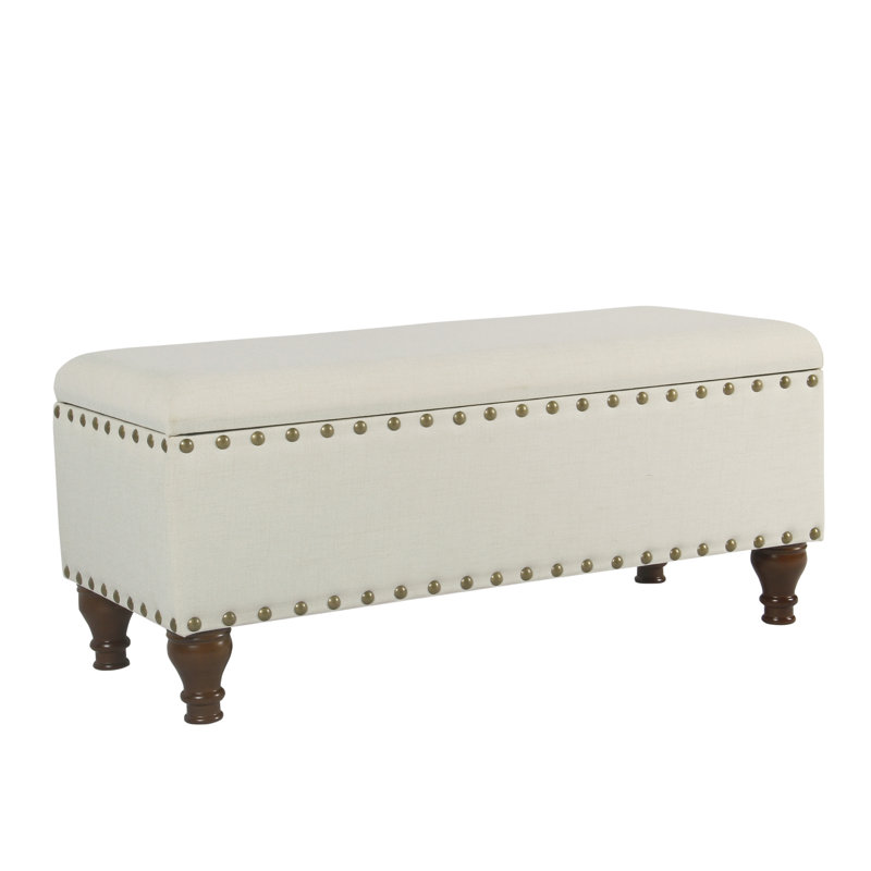 Anielle Upholstered Ottoman Storage Bench, Cream/Brushed Brass Nailhead