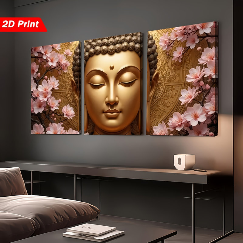 Bouddha et fleur de cerisier rose, impression sur toile 3 pièces pour décor de salon Calm Vibe, 16 * 12 pouces 3 pièces