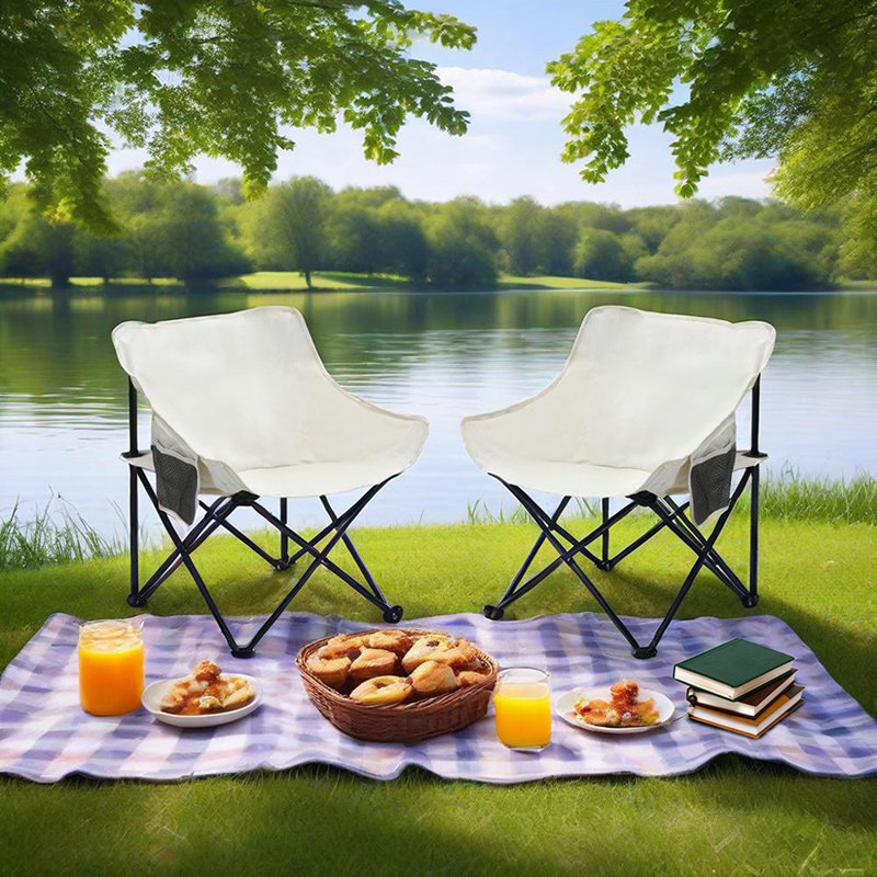 2 chaises de camping pliantes pour l'extérieur avec pieds robustes, Beige/noir