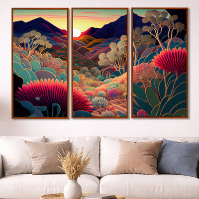 Colorful Flowers During Golden Hour I - Landscape Mountains Canvas Wall Art Set