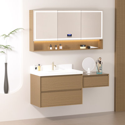 Ensemble de meuble-lavabo mural 60 "avec plateau en pierre reconstituée et armoire de rangement modulaire 24"