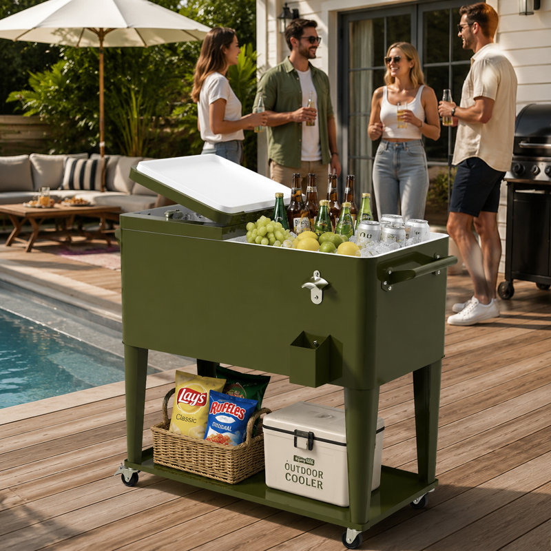 Chariot à glaçons à roulettes de 80 pintes, refroidisseur de boissons extérieur portable avec ouvre-bouteille et collecteur de bouchons et tablette de rangement pour les soirées de patio et les activités de barbecue et de plage