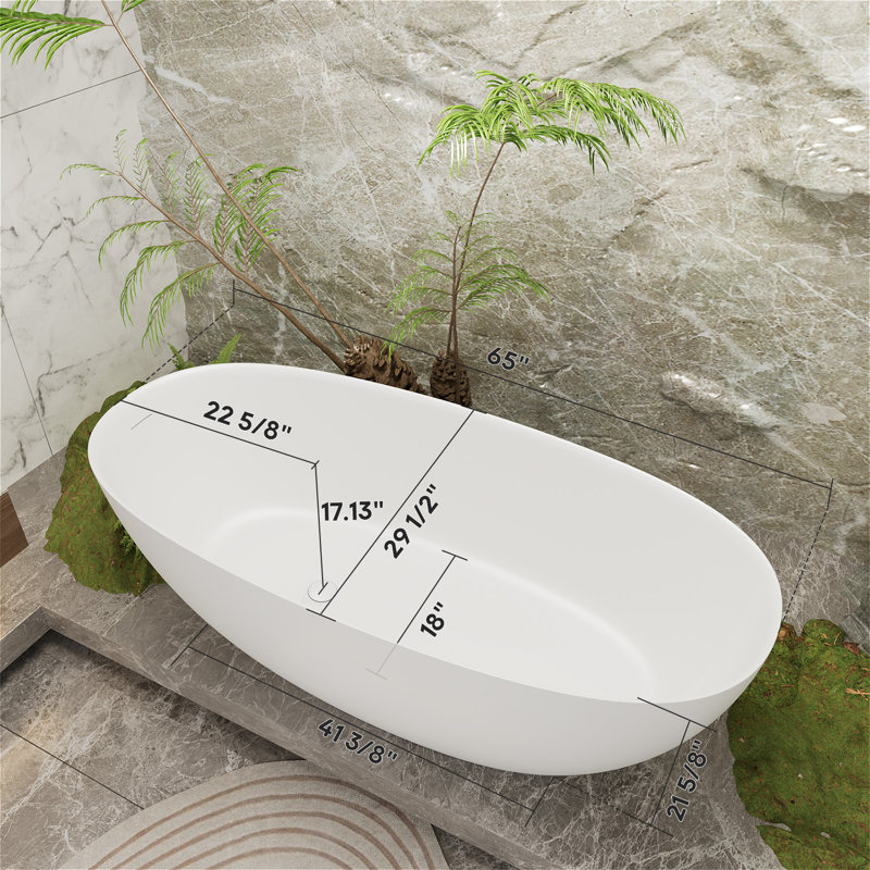 Baignoire de trempage autoportante moderne ovale en résine 64,98 po x 30 po, Blanc mat
