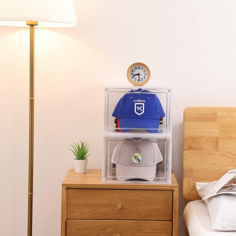 Boîte de rangement pour 6 casiers, boîte de rangement pour casquettes de baseball empilables avec porte magnétique pour chapeaux