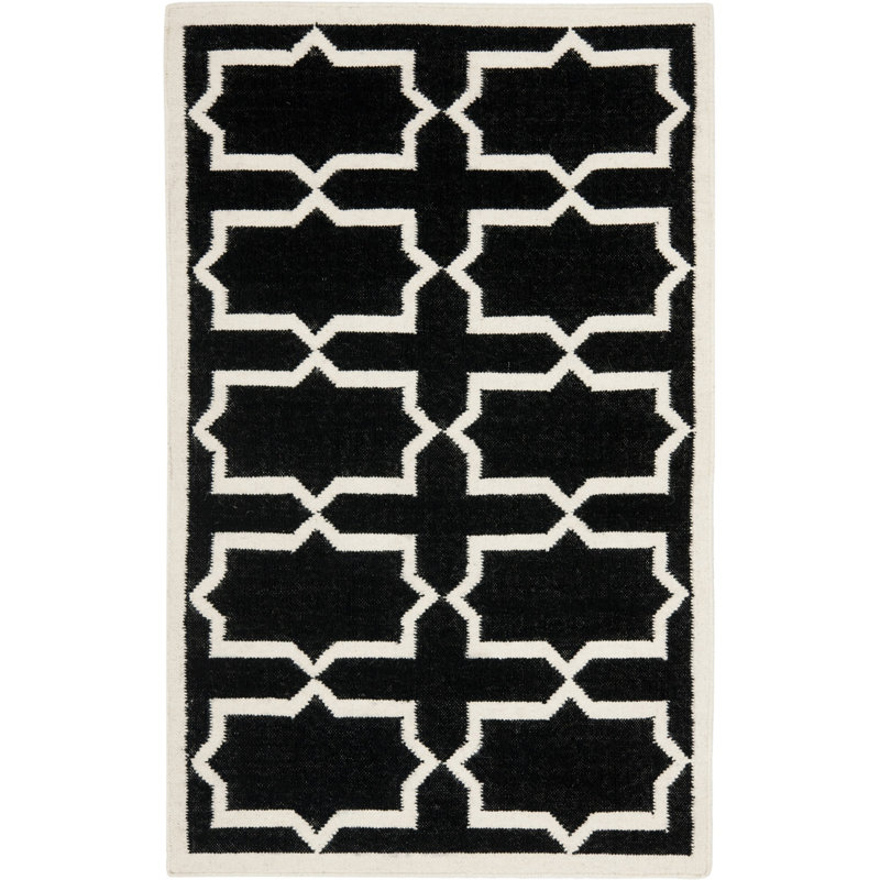 Rodgers Hand Woven Flat Weave Wool/Cotton Geometric Rug in White/Black, Rectangle 3' x 5'