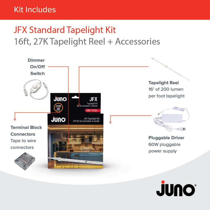 Juno JFX Tapelight Kit, 16ft tapelight, 200LMF, 27K, 60W Power Supply, On/Off switch, 5 connectors