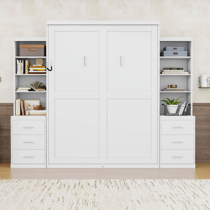 Lit escamotable avec tiroirs et tablettes de rangement cachés, White, Full / Double