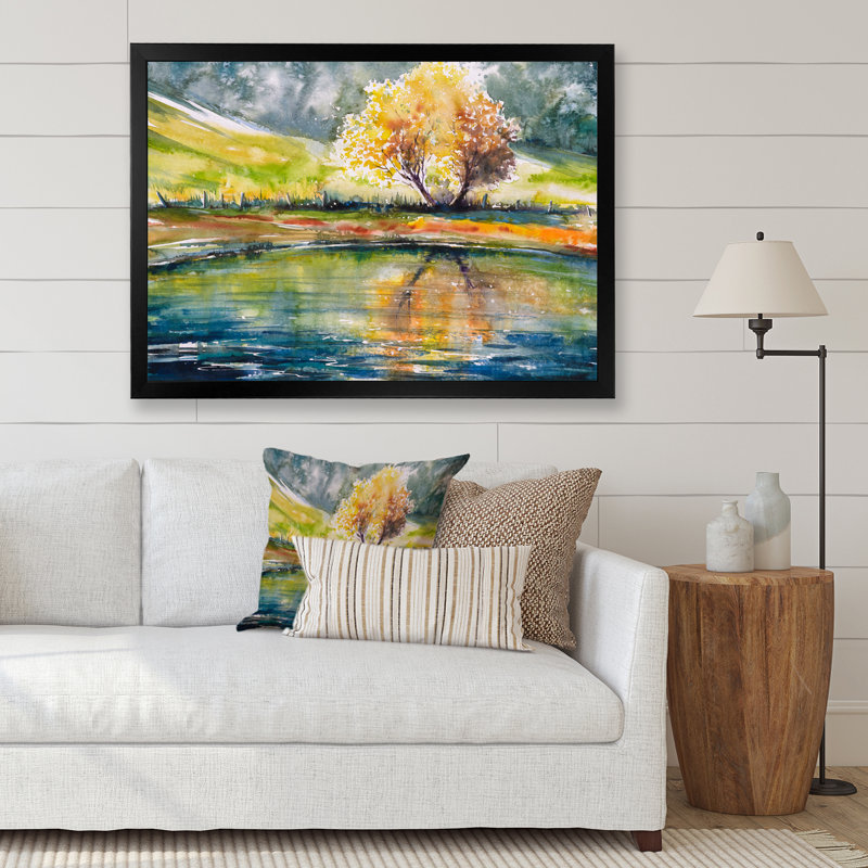 Arbre d'automne avec feuilles orange - peinture sur toile, Toile avec cadre de coin noir fermé, H 30 po x l 40 po