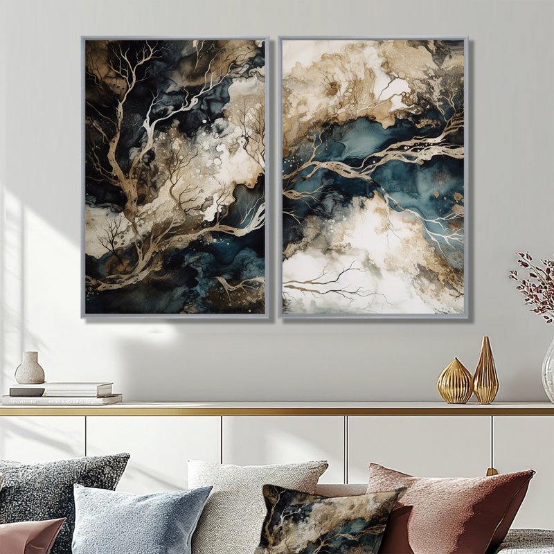 Blue Beige Marbré Dreamscape I - Art mural bleu 2 pièces, 36'' H x 48'' W, Impression encadrée flottante, Silver