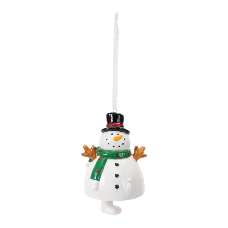 Set of 12 Ceramic Snowman Bell Ornaments with Green Scarves