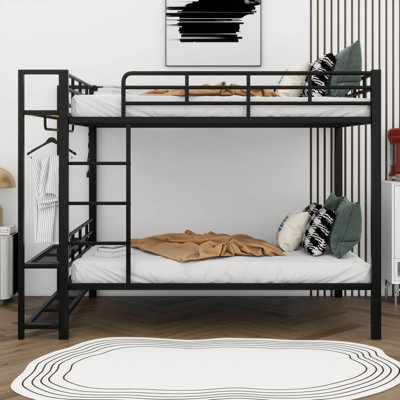 Lit superposé en métal pour enfants et adultes avec lumières à DEL, tablettes de rangement, crochets à vêtements et garde-corps complets