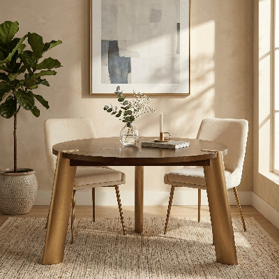 Tribase 47 Inch Round Dining Table, Seats 4 to 6, Three Brushed Gold Tapered Legs, Solid Rubberwood Modern Table for Dining Room & Kitchen, Easy Assembly, Dark Walnut
