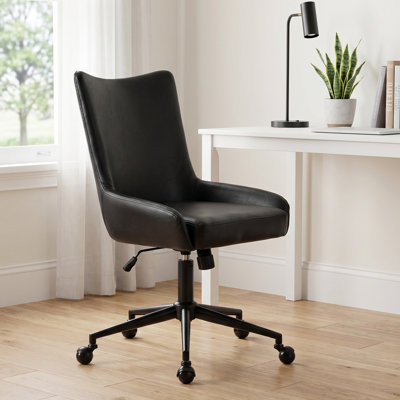 Mid-Century Modern Office Chair with High Backrest, Black Saddle Leather Desk Chair with Adjustable Height, Swivel & Rocking Tilt, Upholstered Home Office Chair with Smooth Ball Casters, Rolling Task Chair for Study Workspace