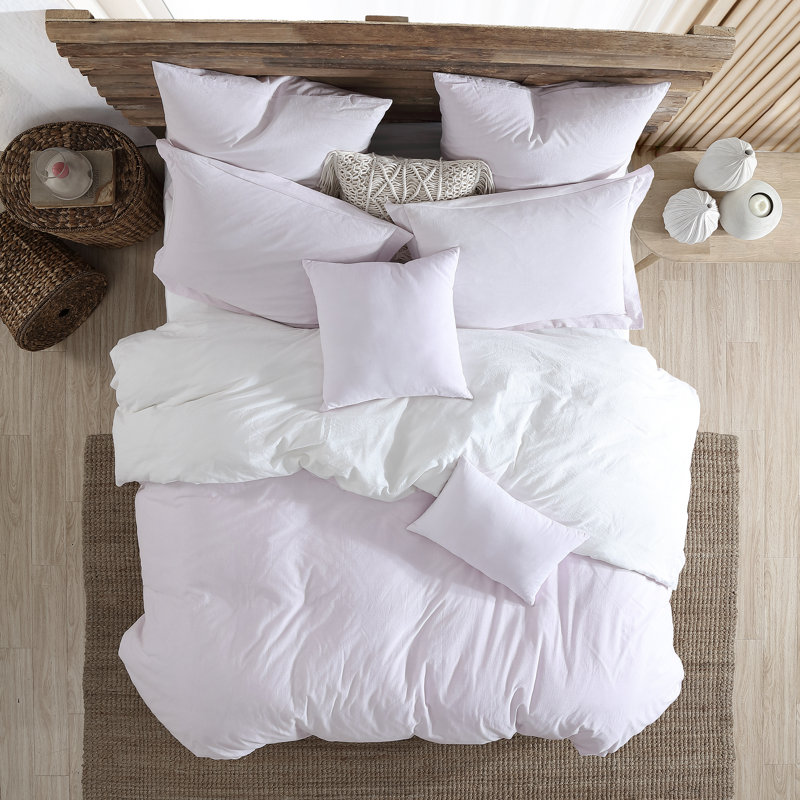 Ensemble de housse de couette réversible 100% coton Valatie, Housse de couette pour grand lit et 2 taies décor, Lavande/blanc