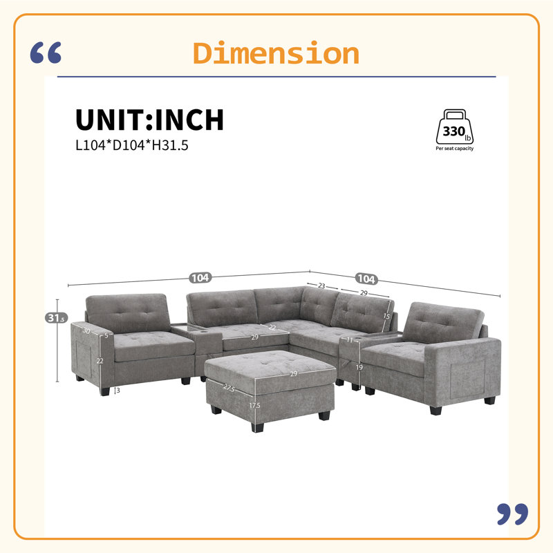Canapé modulaire de 104 po avec repose-pieds mobile, canapé capitonné en L avec consoles de rangement, chargeur USB, Gris