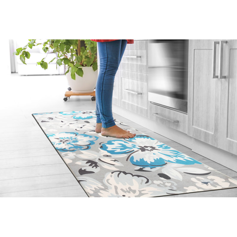 Blue and Gray Floral Anti-Fatigue Kitchen Mat